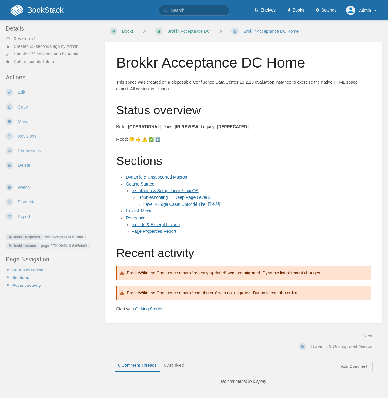Fictional Confluence Data Center test page migrated into real BookStack