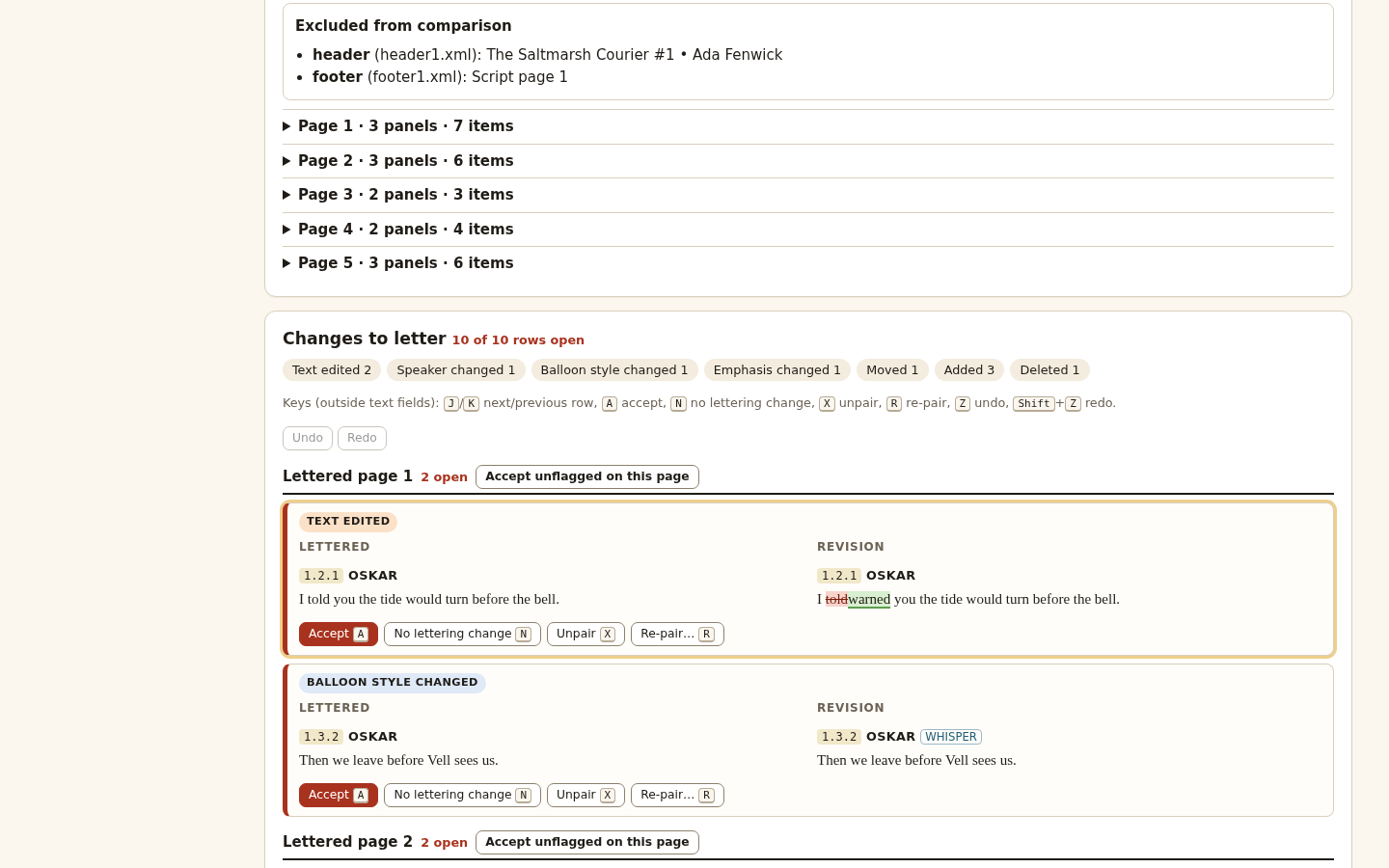 BylinaRounds: Round 1 separates text, speaker, style and emphasis changes, using the page and balloon IDs from the lettered script.