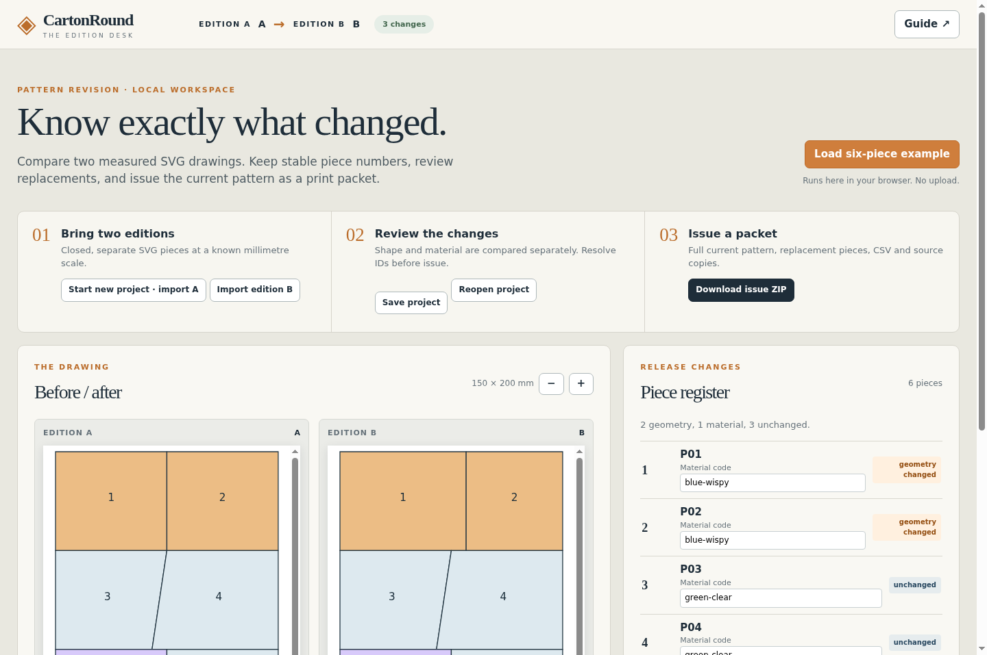 CartonRound: The running desktop app shows the A/B drawings and the geometry, material and unchanged statuses.