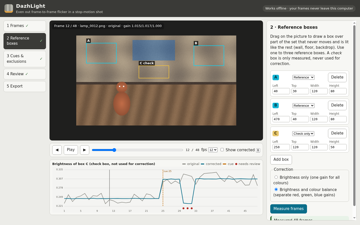 DazhLight: Reference boxes A and B guide the correction. Check box C is measured separately and does not drive it.