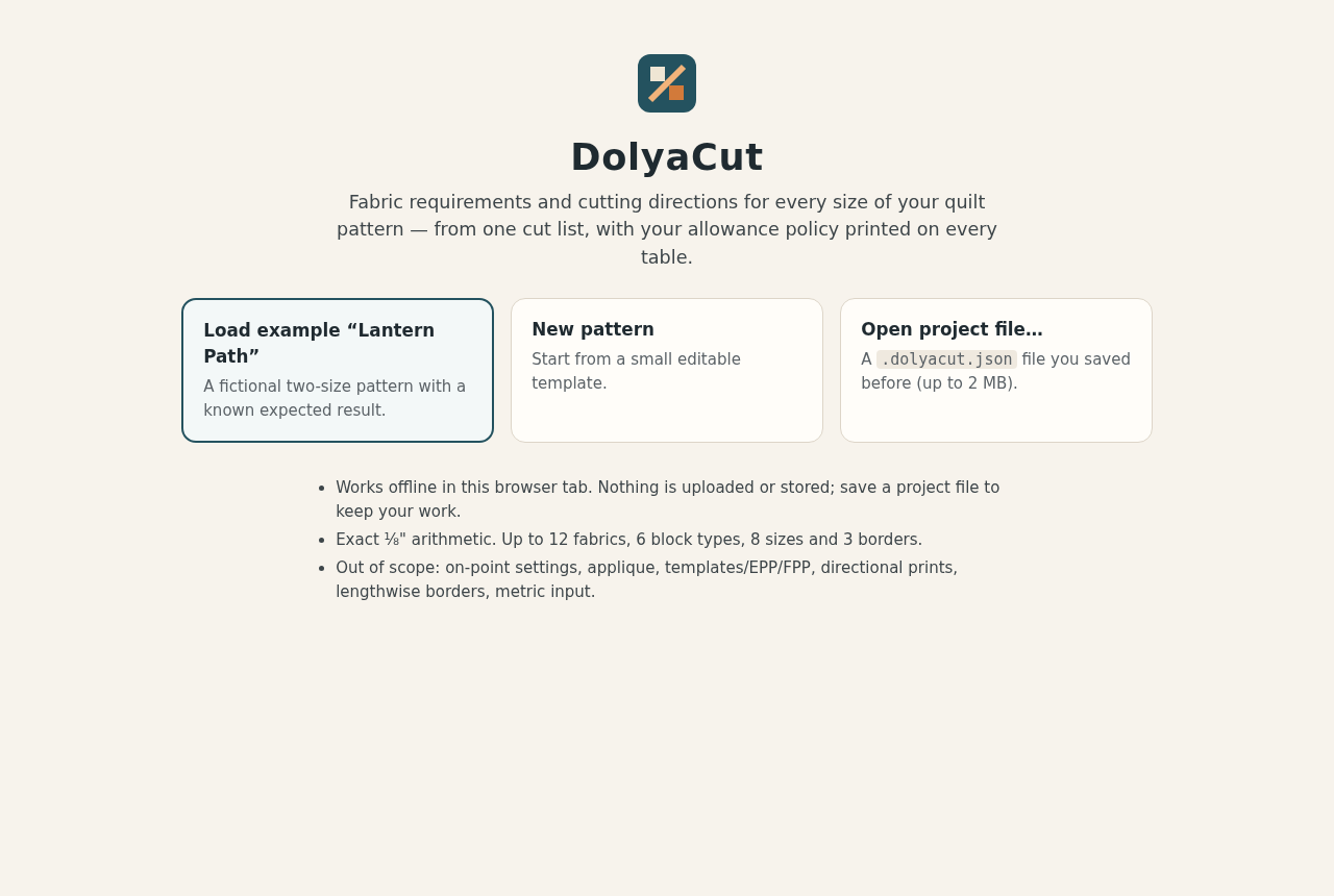 Start page: load the fictional Lantern Path example, start a new pattern or open a saved project.