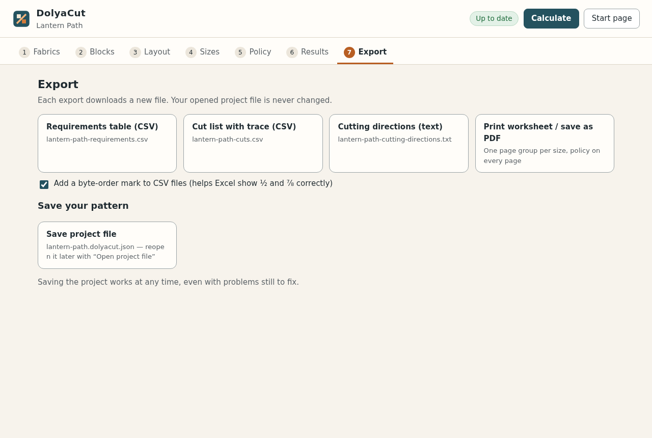 Export: CSVs, cutting-direction text, print/PDF worksheet and the project file, each as a new download.