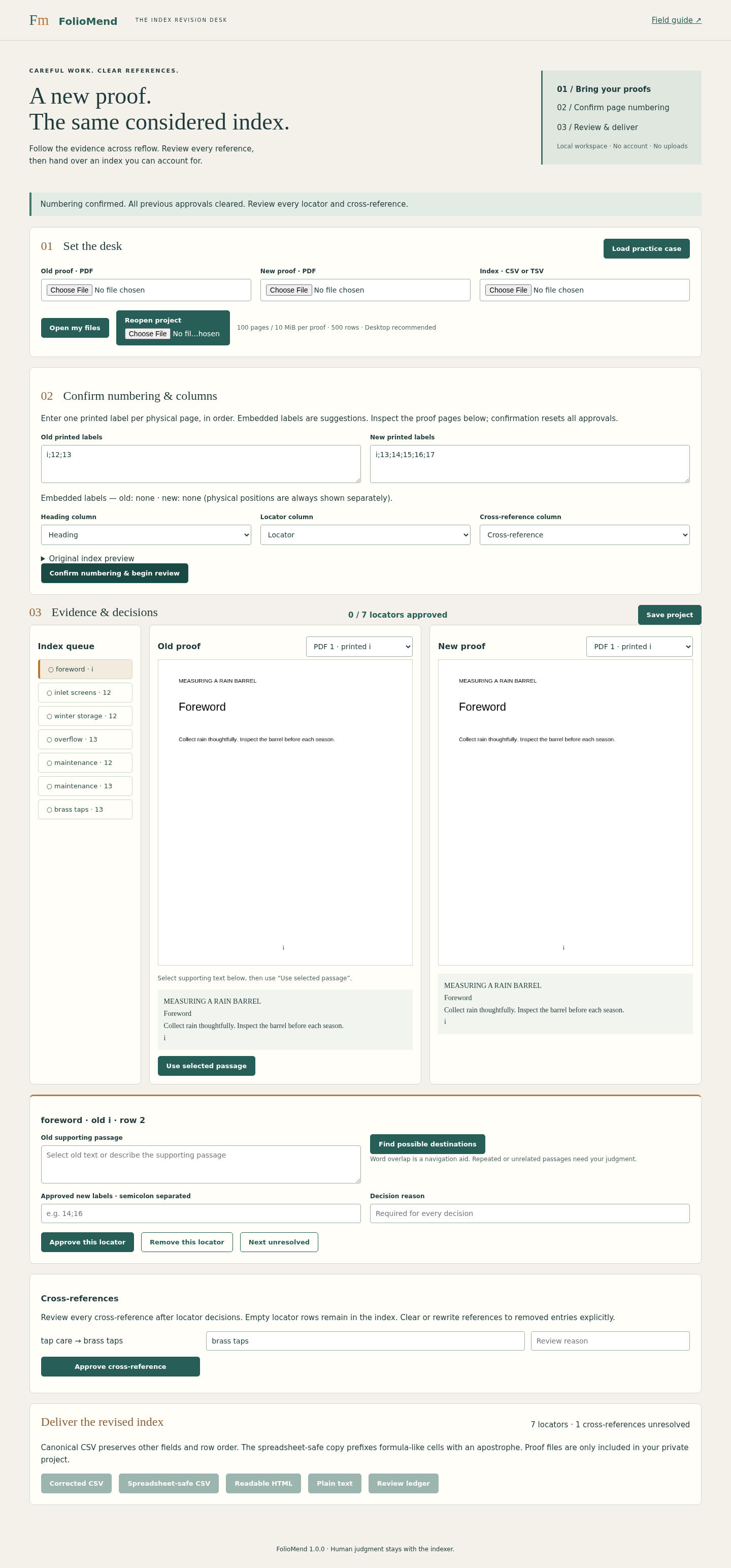 FolioMend: Confirm printed page labels separately from physical PDF page positions.