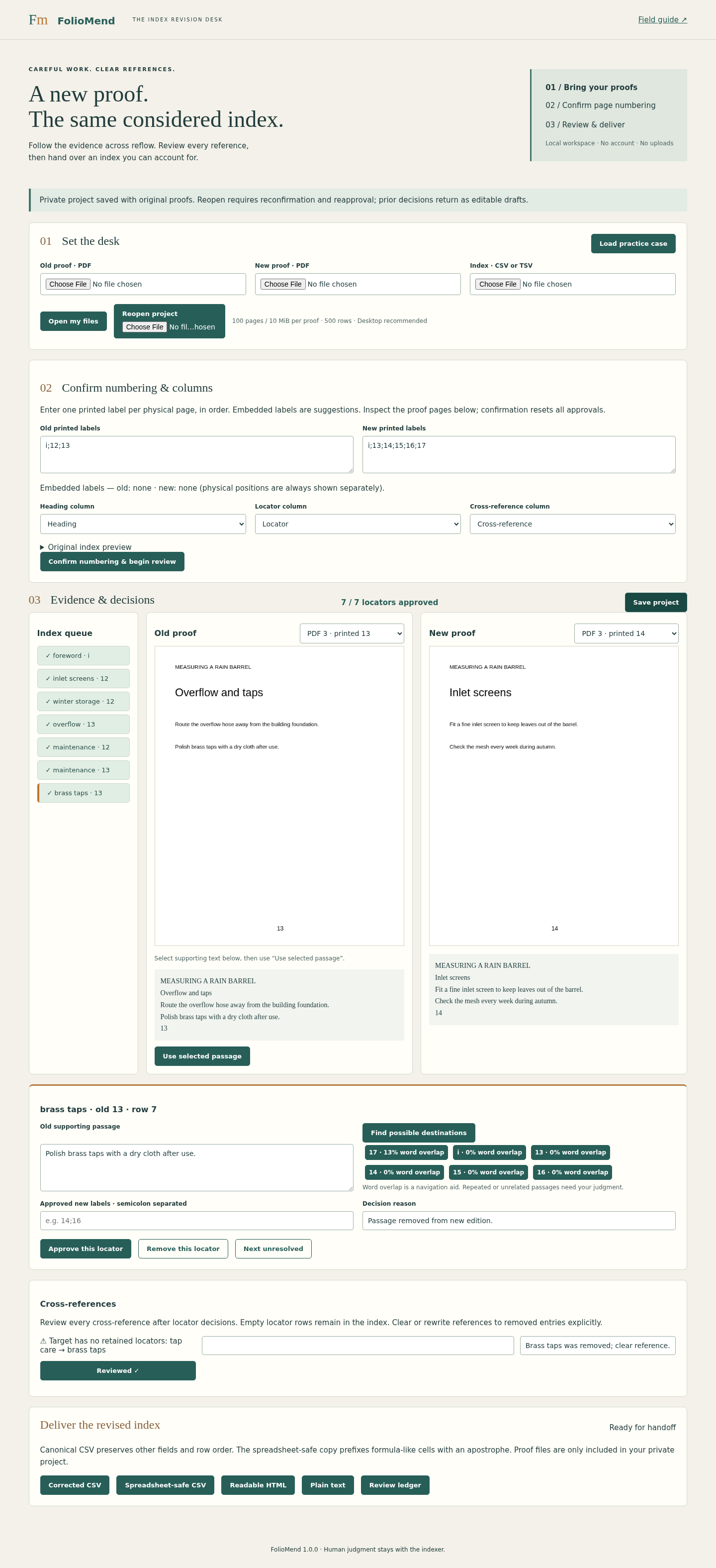 FolioMend: Seven locator decisions and a cleared cross-reference unlock the corrected index and review ledger.