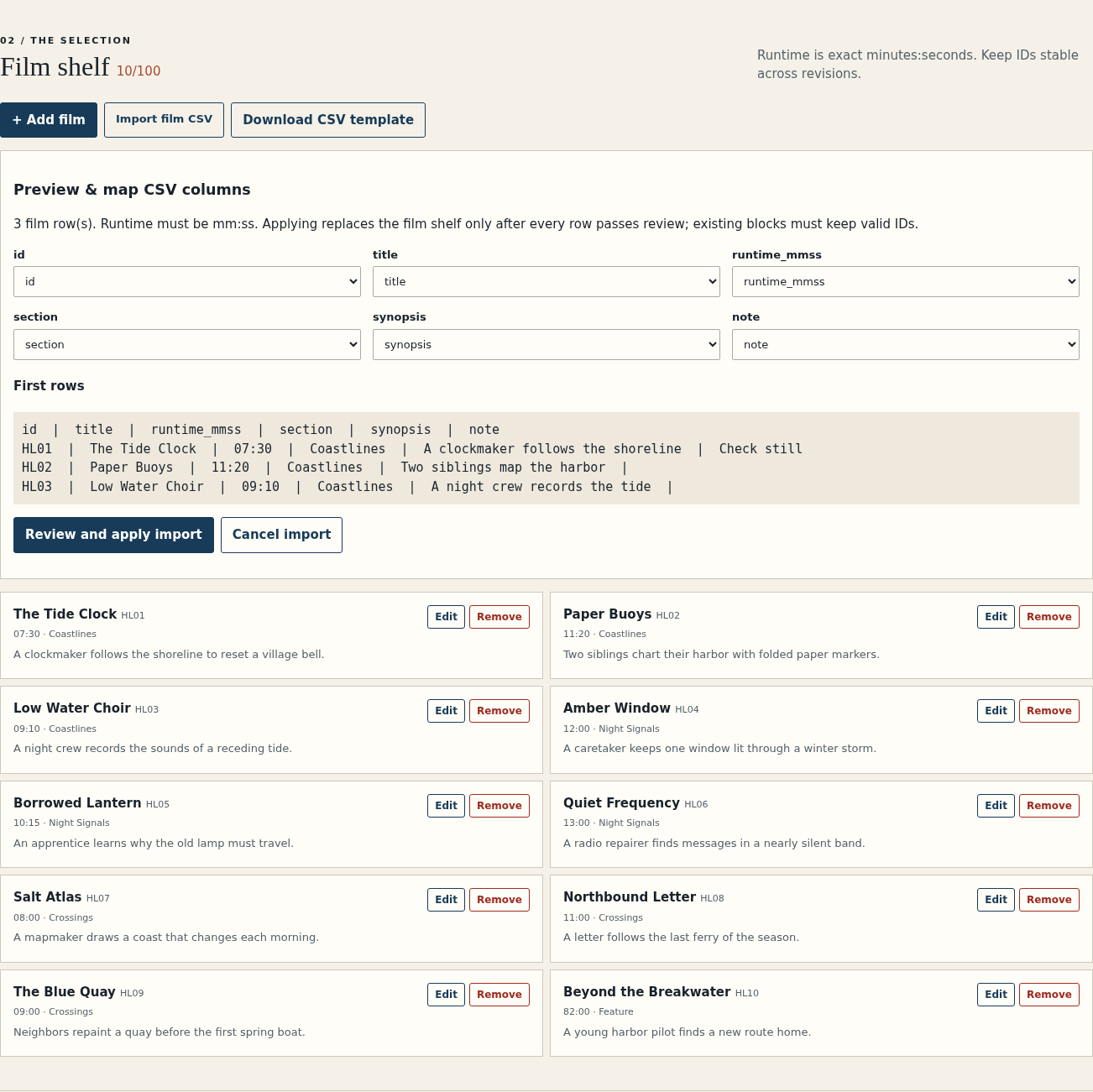 Preview and map a film CSV in ForsetiFest