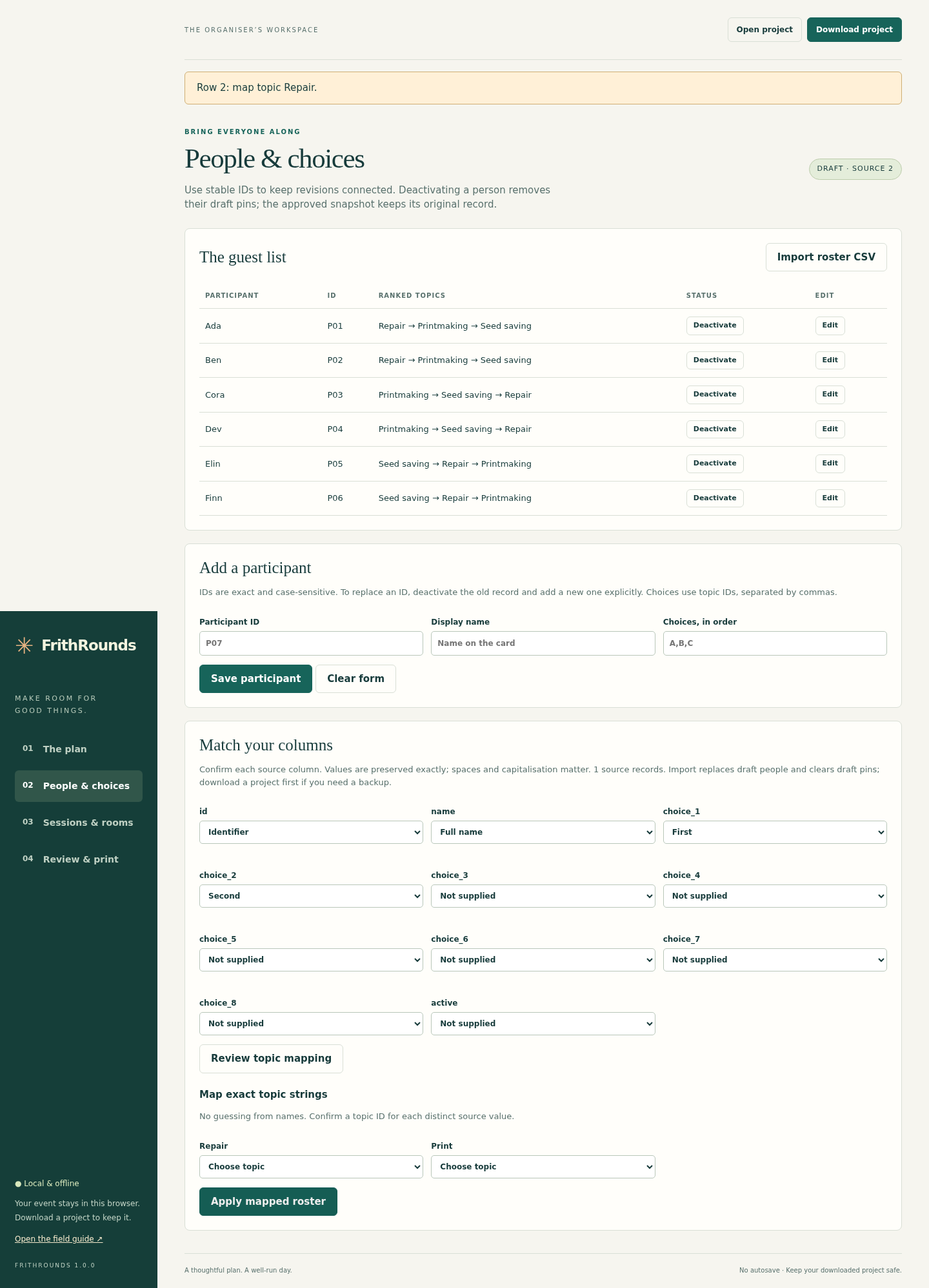 FrithRounds: The organiser explicitly maps source columns and topic values before applying a roster.