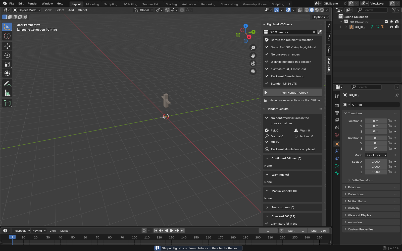 Actual Blender 4.5.14 LTS capture: GleipnirRig 1.0.1 reporting on a generated example rig.
