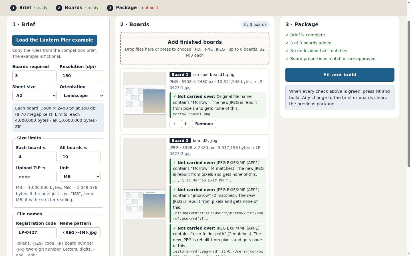 HodrBoard: The fictional example shows identity terms found in original names and metadata. The private receipt records the findings.