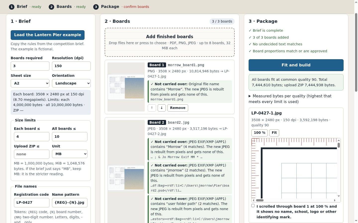 HodrBoard: The measured file sizes and a 100% viewer help you review the rebuilt JPEGs. Each board needs your confirmation.