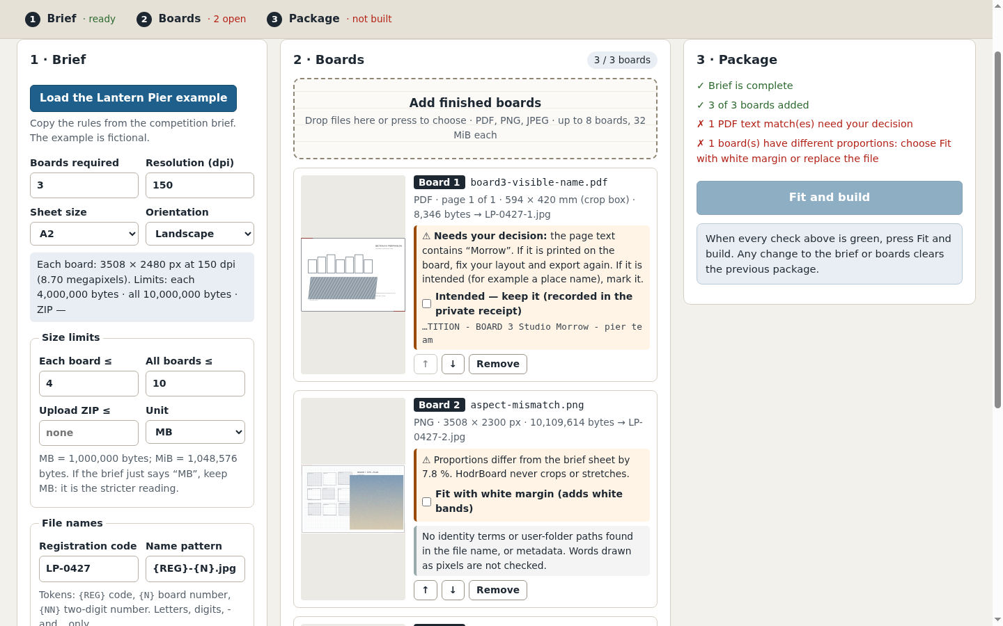 HodrBoard: PDF page text needs your decision. Different sheet proportions require explicit fitting with white margins.