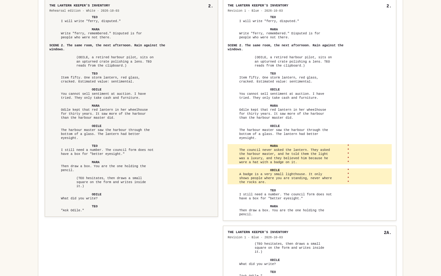 KolyadaPages: Issued page 2 beside proposed pages 2 and 2A, with asterisks on the new speeches.
