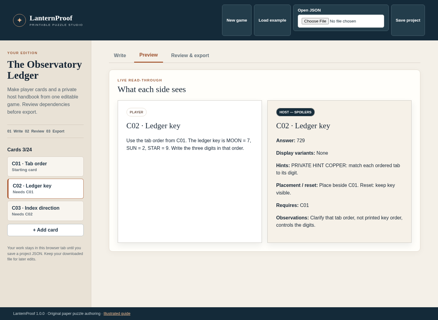 LanternProof: Inspect the player card and private host information before sharing the print pack.