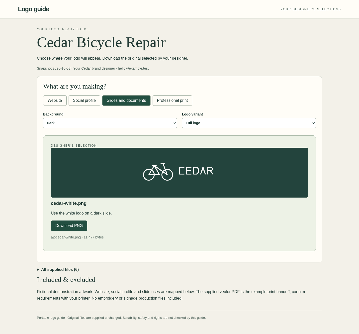 Exported Cedar client guide recommending the white logo for slides on a dark background.