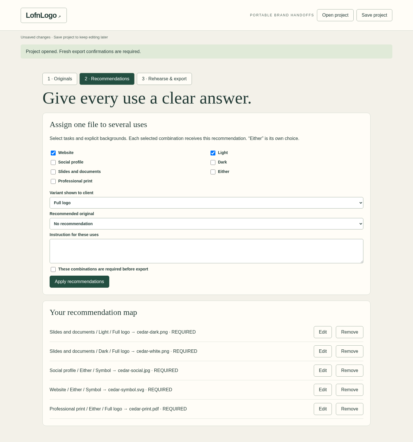 Recommendation editor with selected tasks, backgrounds, variant and original logo file.