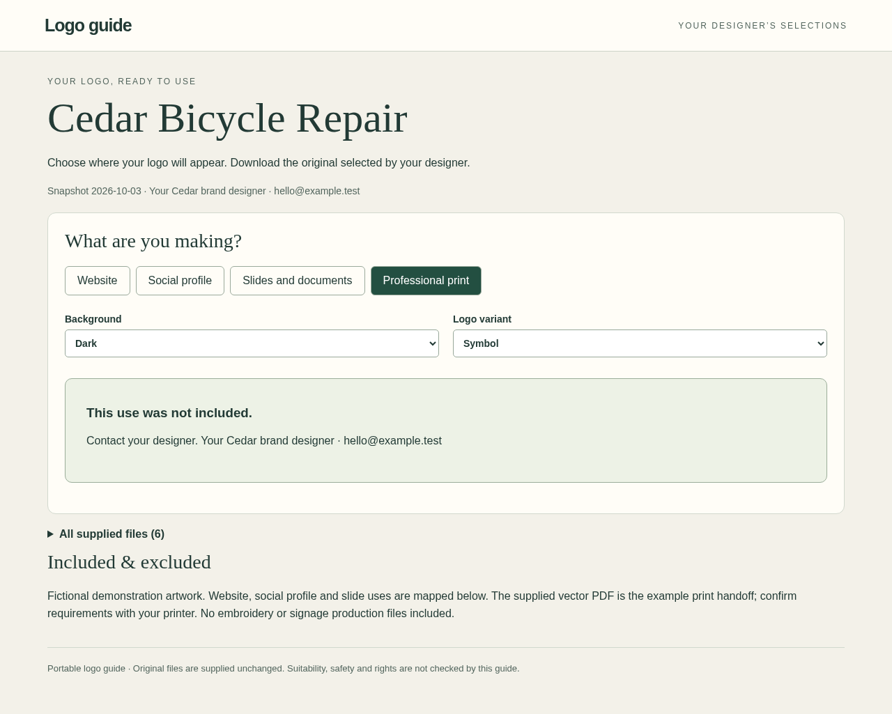 Client guide showing no recommendation for an unmapped logo use and displaying the designer contact.