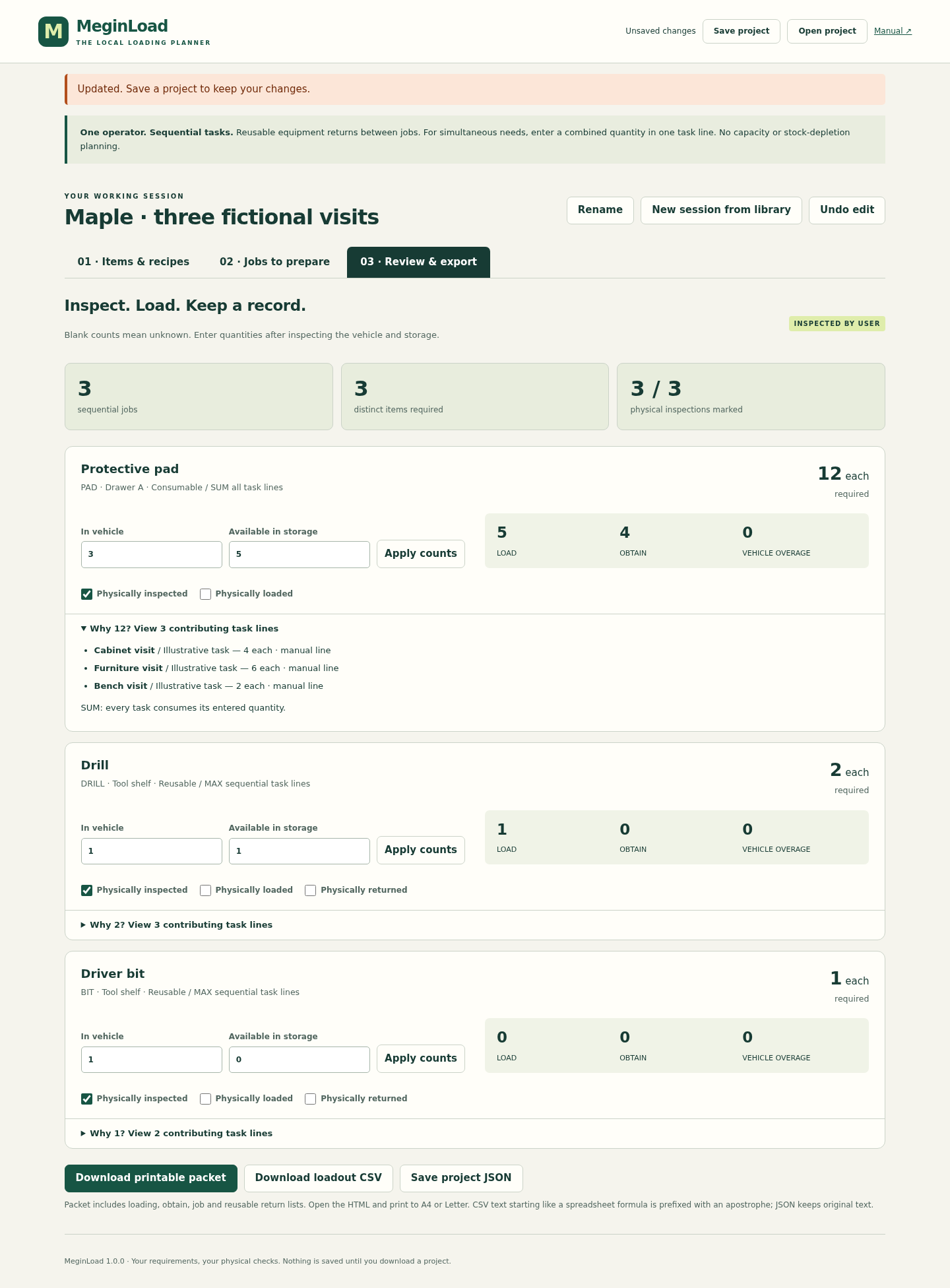 Maple review: twelve pads required, five to load and four to obtain, with contributing task lines.