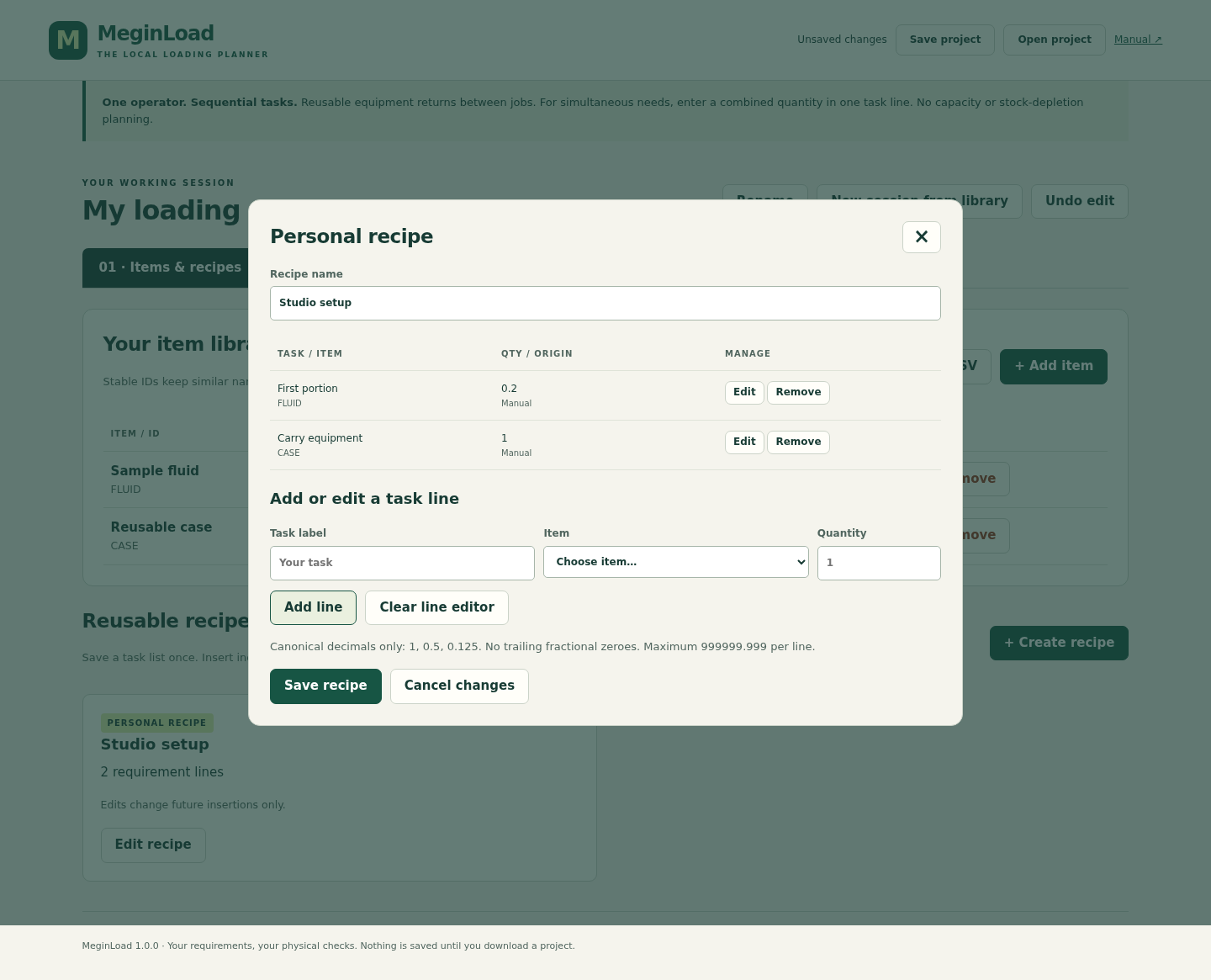Personal recipe editor showing fluid quantity 0.2 and one reusable case.