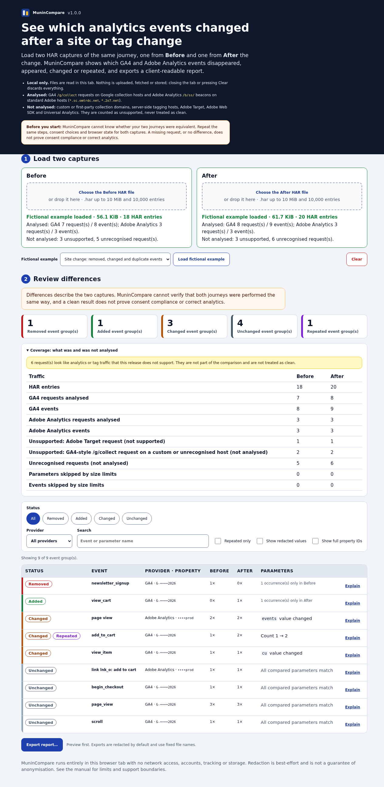 Actual Chrome for Testing 151 capture: MuninCompare 1.0.1 comparing fictional analytics HAR files.