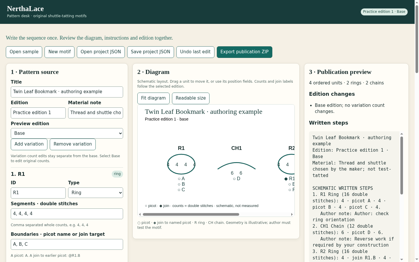 NerthaLace: The running desktop editor shows the original sequence, readable-size diagram and written preview. The diagram can scroll or fit the available space.