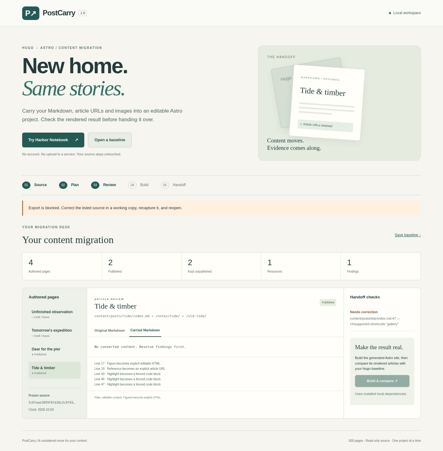 PostCarry: An unsupported gallery shortcode stops the handoff and identifies the source line.