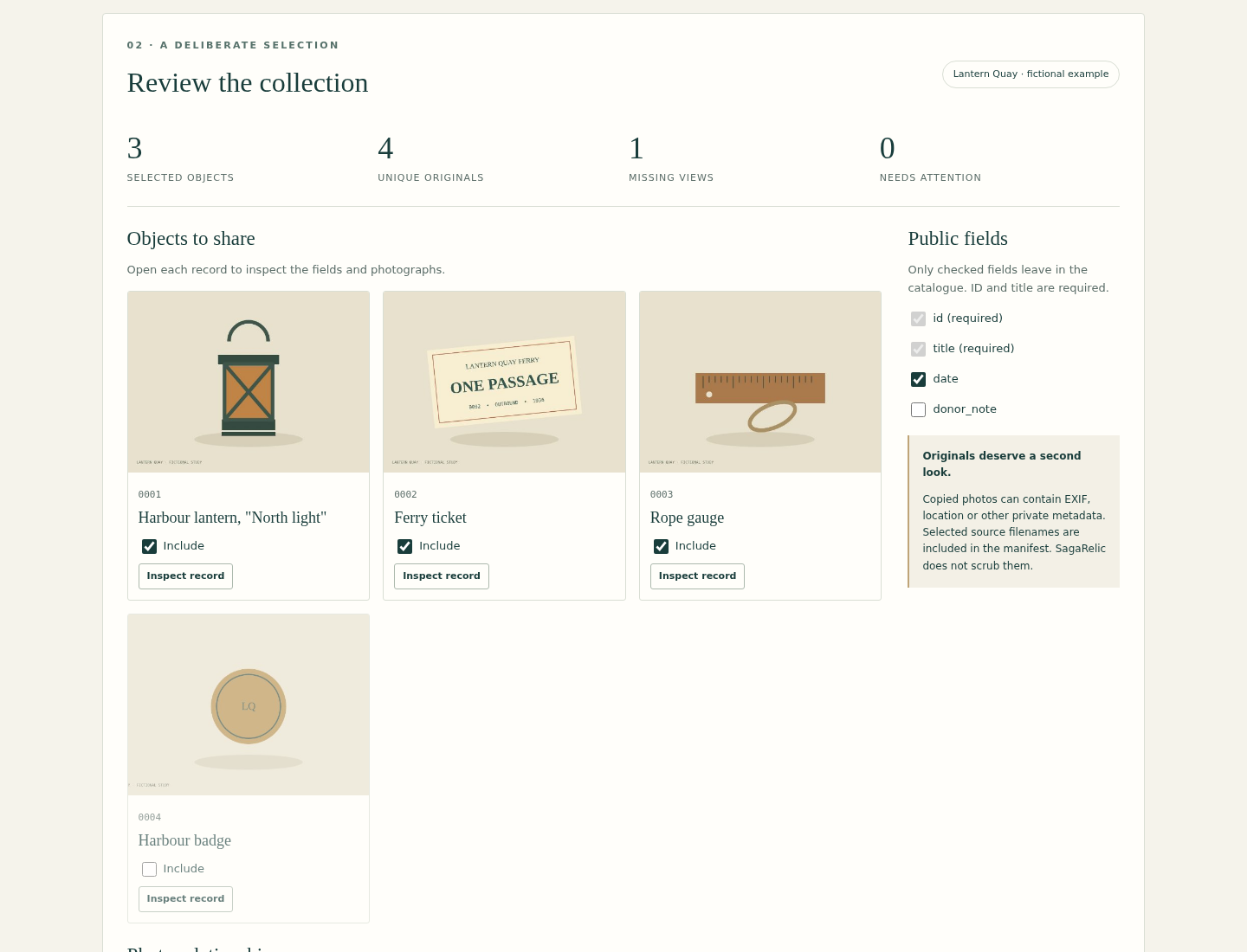 SagaRelic: Review the selected objects, public fields and photographs before generating the catalogue.