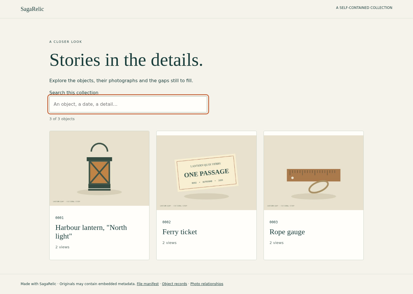 SagaRelic: The recipient catalogue opens locally, with searchable cards and ordered object photographs.