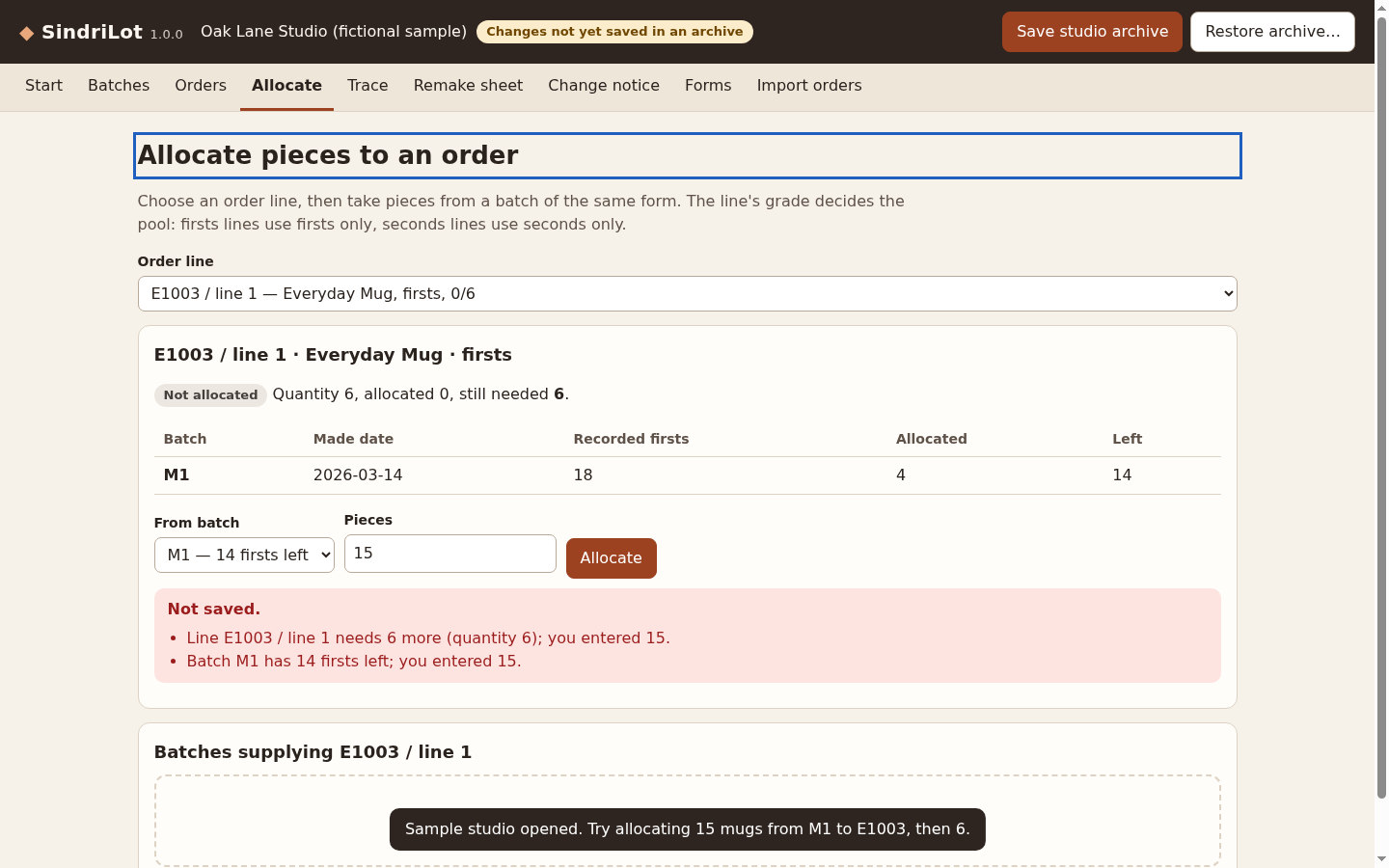 SindriLot: An allocation of 15 mugs is refused: the order needs six and the batch has fourteen firsts left.