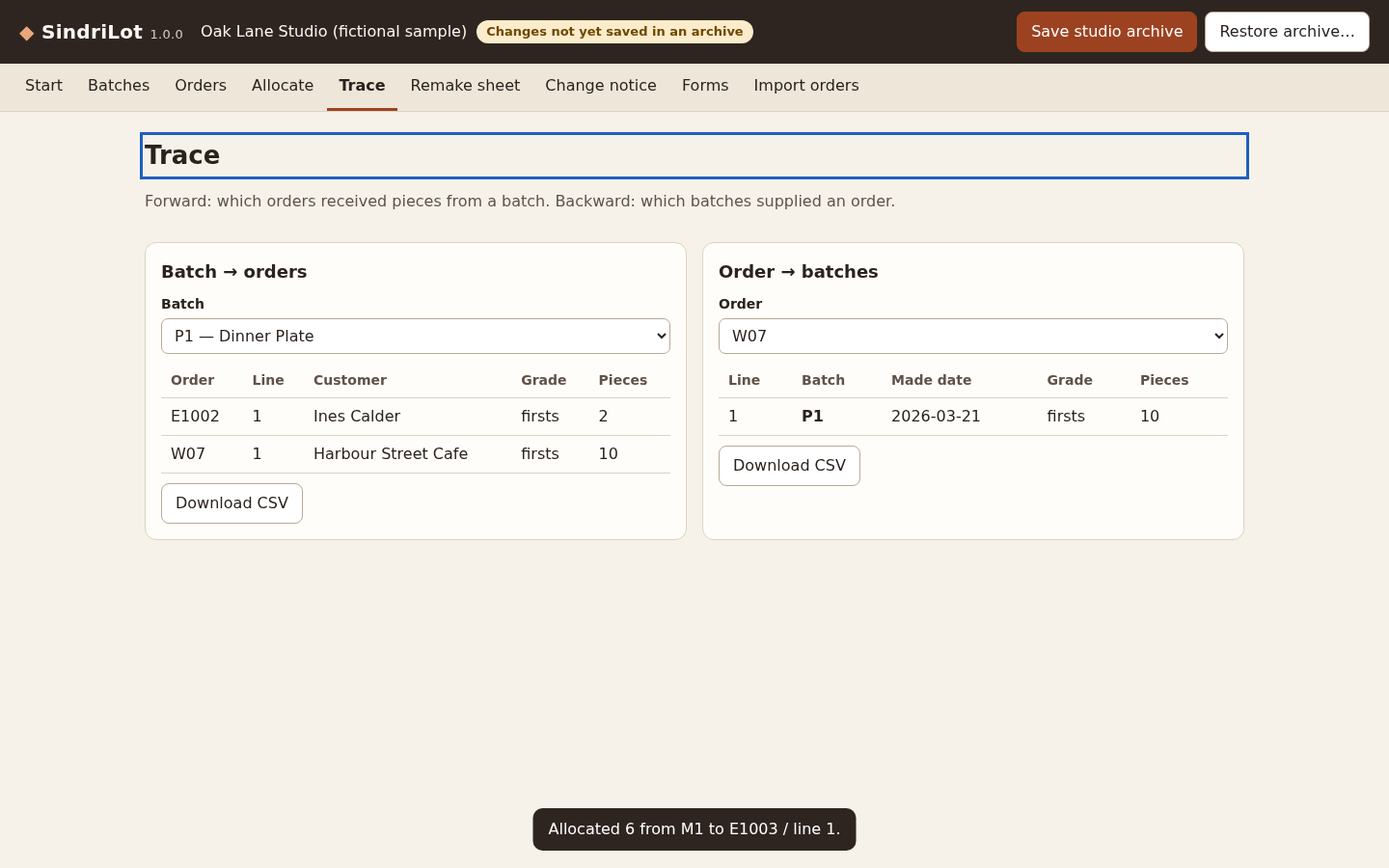 SindriLot: See which orders received batch P1 and which batch supplied order W07.