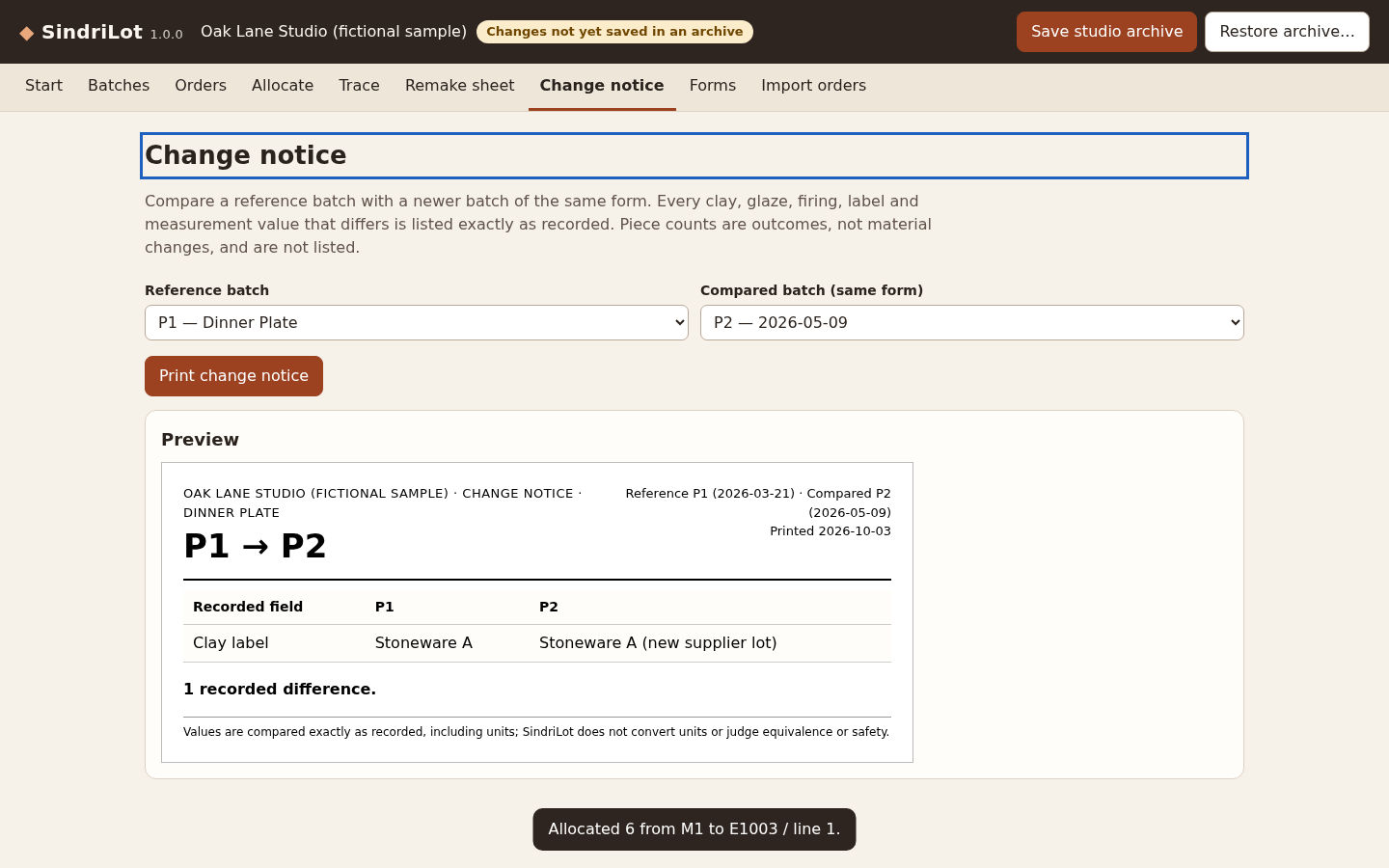 SindriLot: Compare P1 with P2: the sample has one recorded difference, the clay label.
