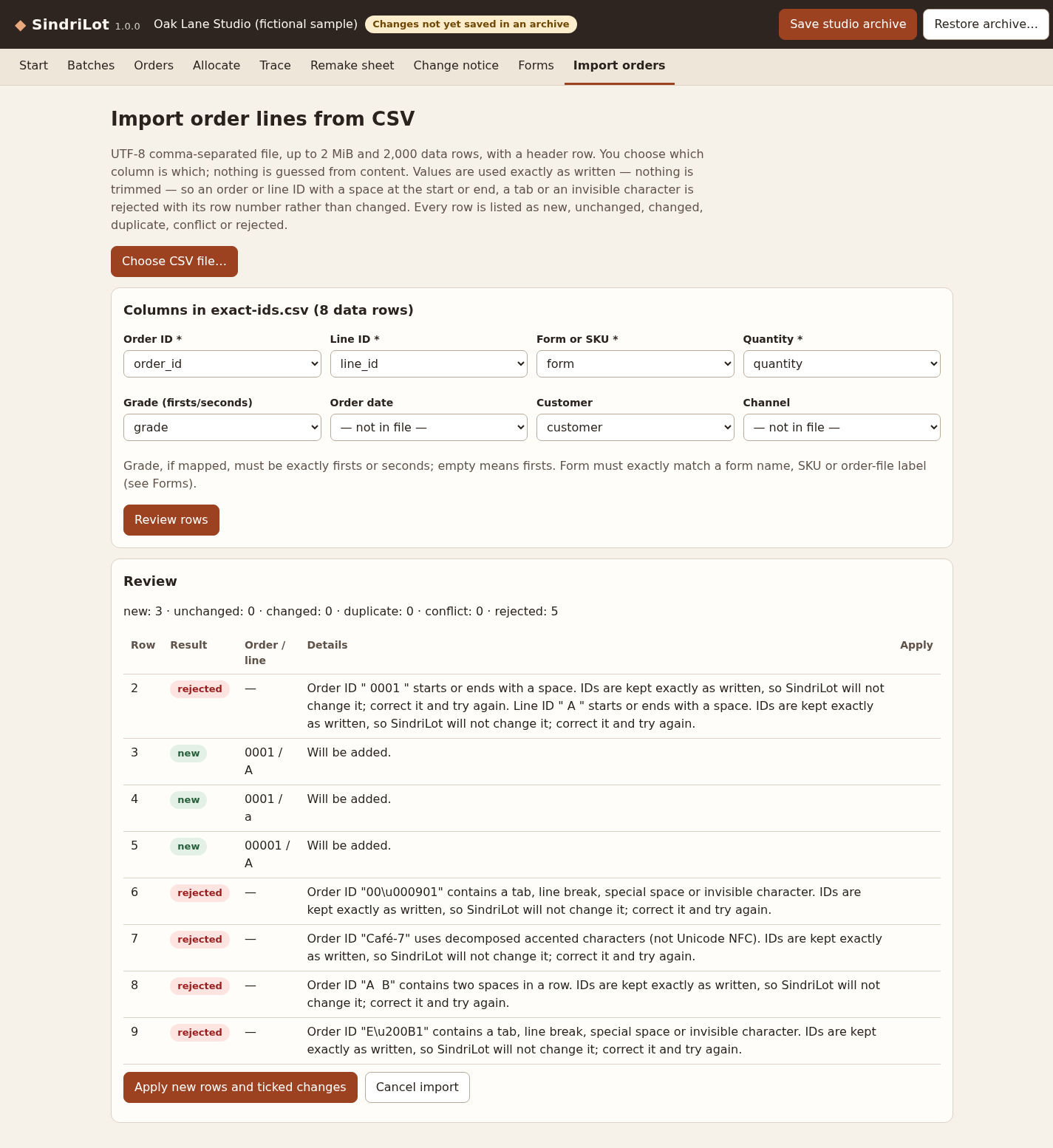 SindriLot: IDs with edge spaces are rejected with a reason; case and leading zeros keep valid IDs distinct.