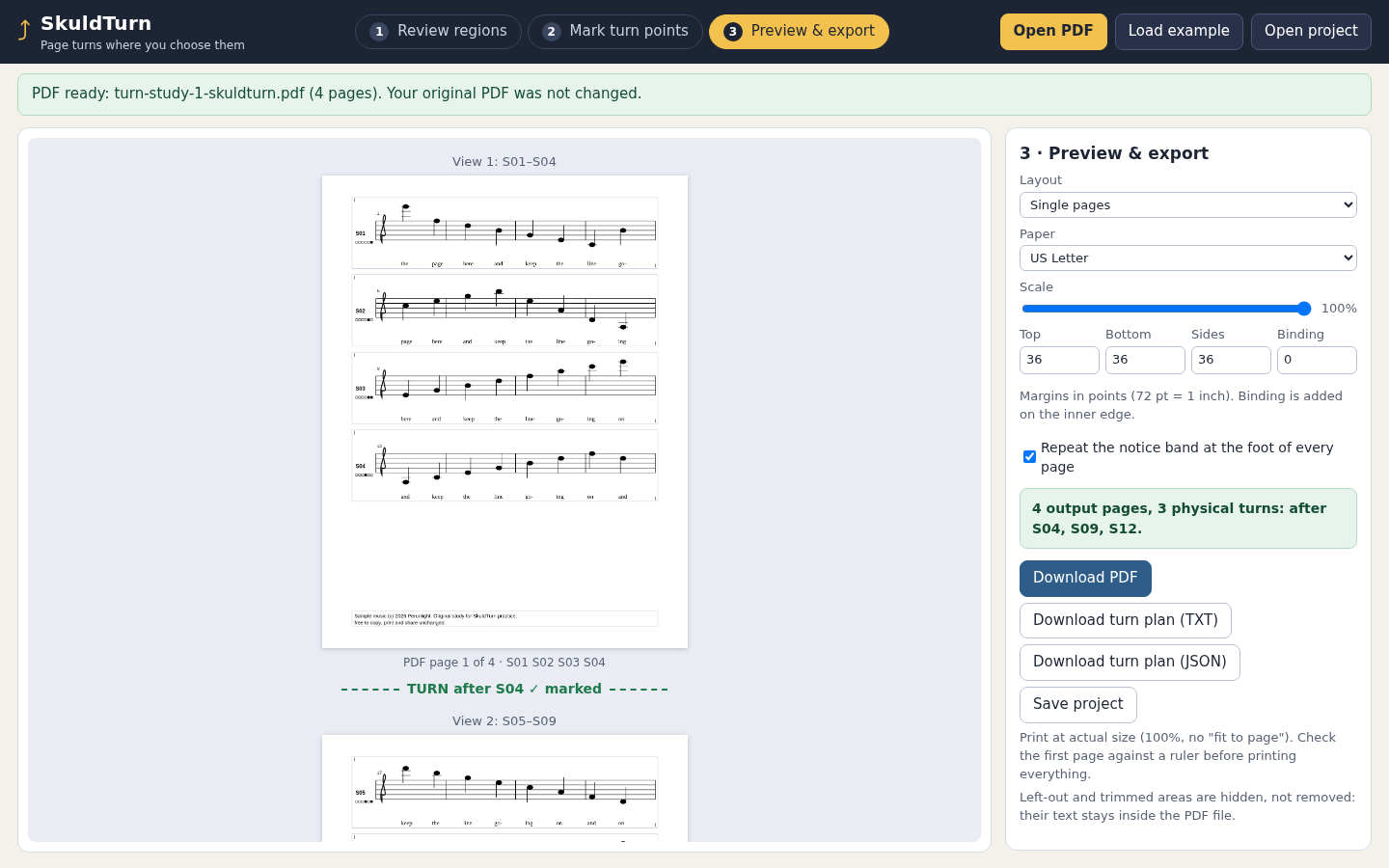 SkuldTurn: The practice score uses four single pages, with turns after S04, S09 and S12.