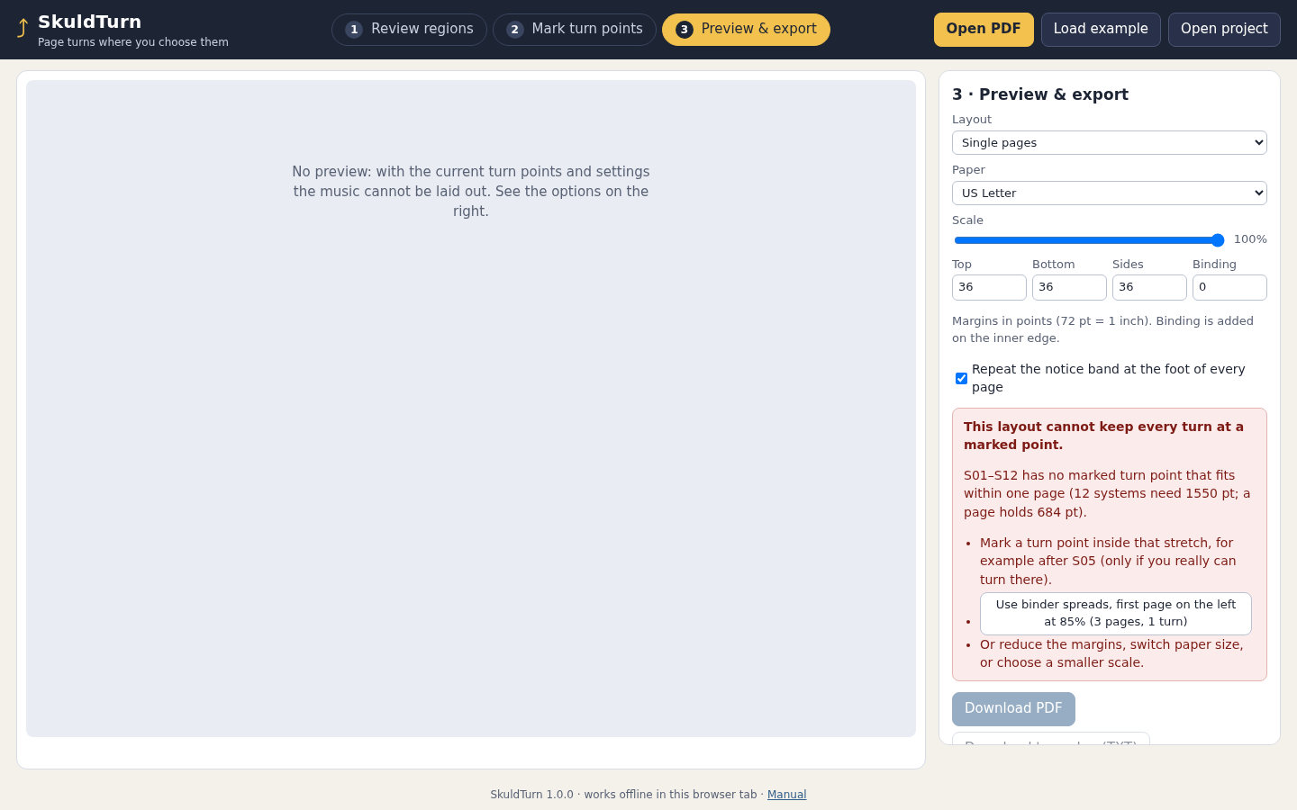 SkuldTurn: When the marked turns cannot fit, the app identifies the stretch to reconsider.