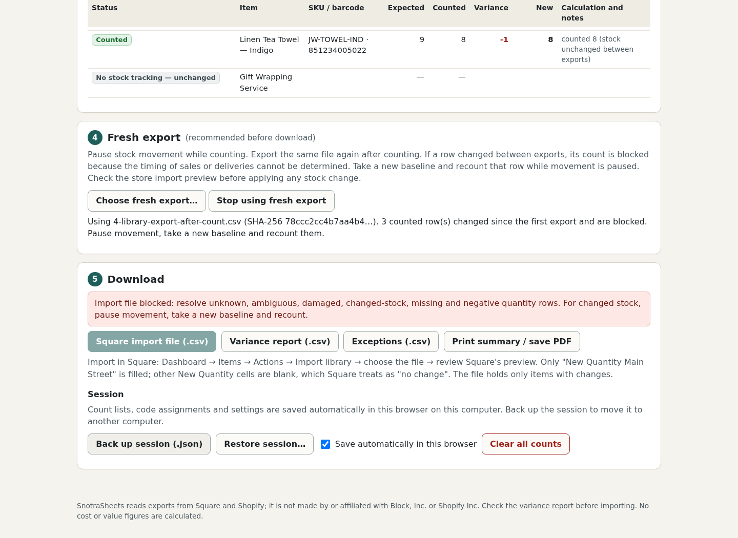 SnotraSheets fresh-export notice and disabled Square import download with instructions to pause movement and recount