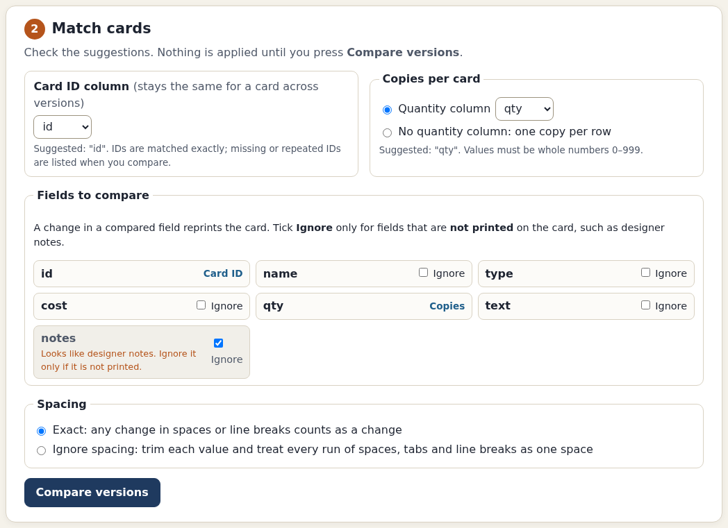 StribogDeck match settings with id and qty selected, notes explicitly ignored and exact spacing selected.