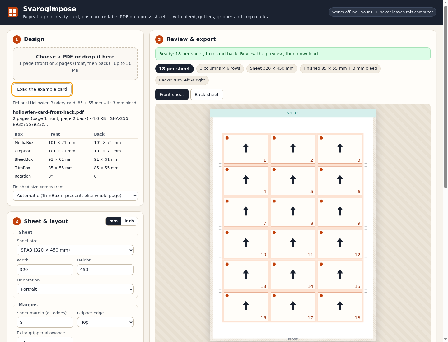 SRA3 sheet setup with a top gripper allowance and eighteen card positions.
