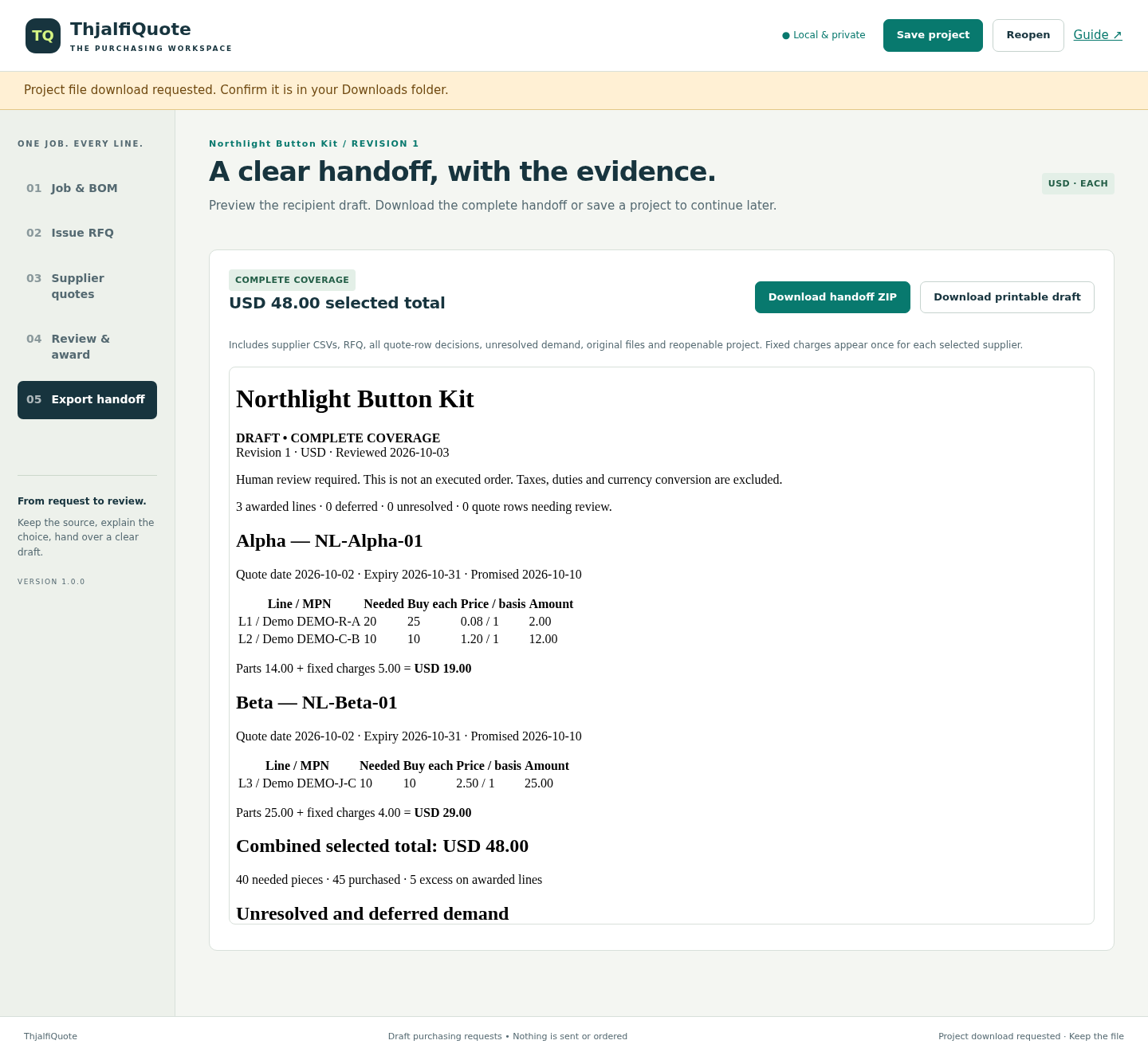 ThjalfiQuote: Preview the recipient draft before downloading its evidence handoff.