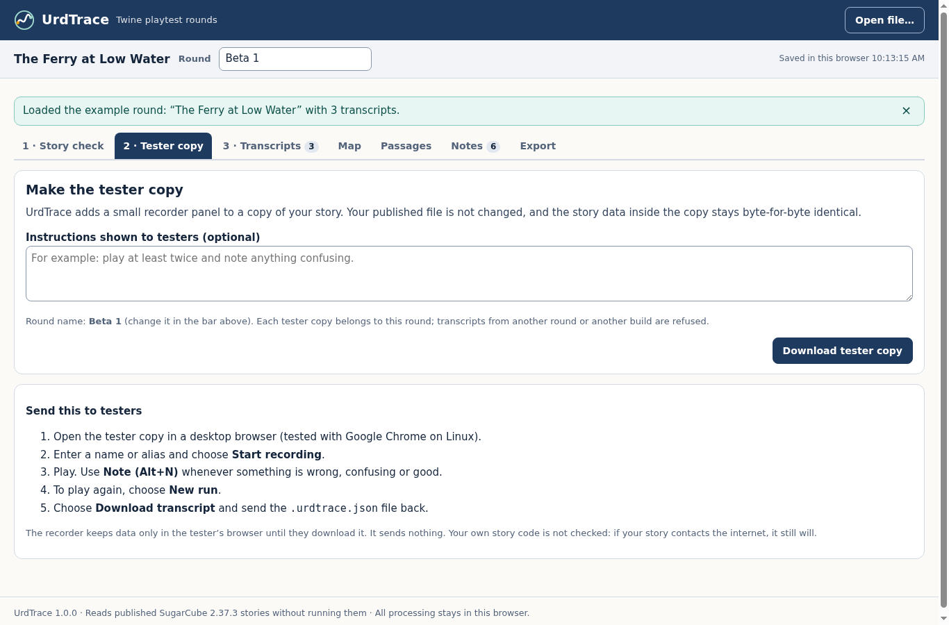 UrdTrace: Download a separate tester HTML bound to the exact original story and named round.