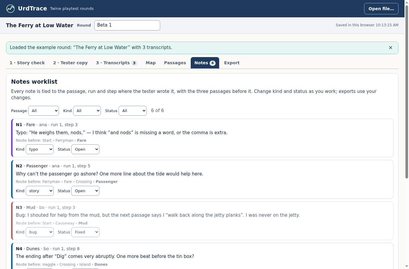 UrdTrace: Six notes from fictional, scripted testers are attached to passages and the preceding route. Classify the work without changing the tester's original text.