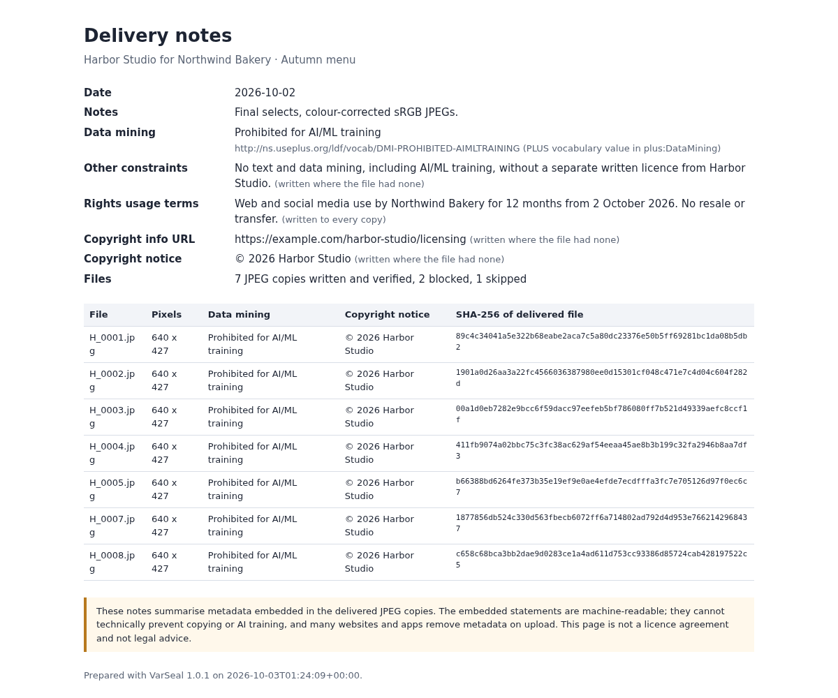 Exported VarSeal delivery notes for the fictional Harbor Studio and Northwind Bakery example.