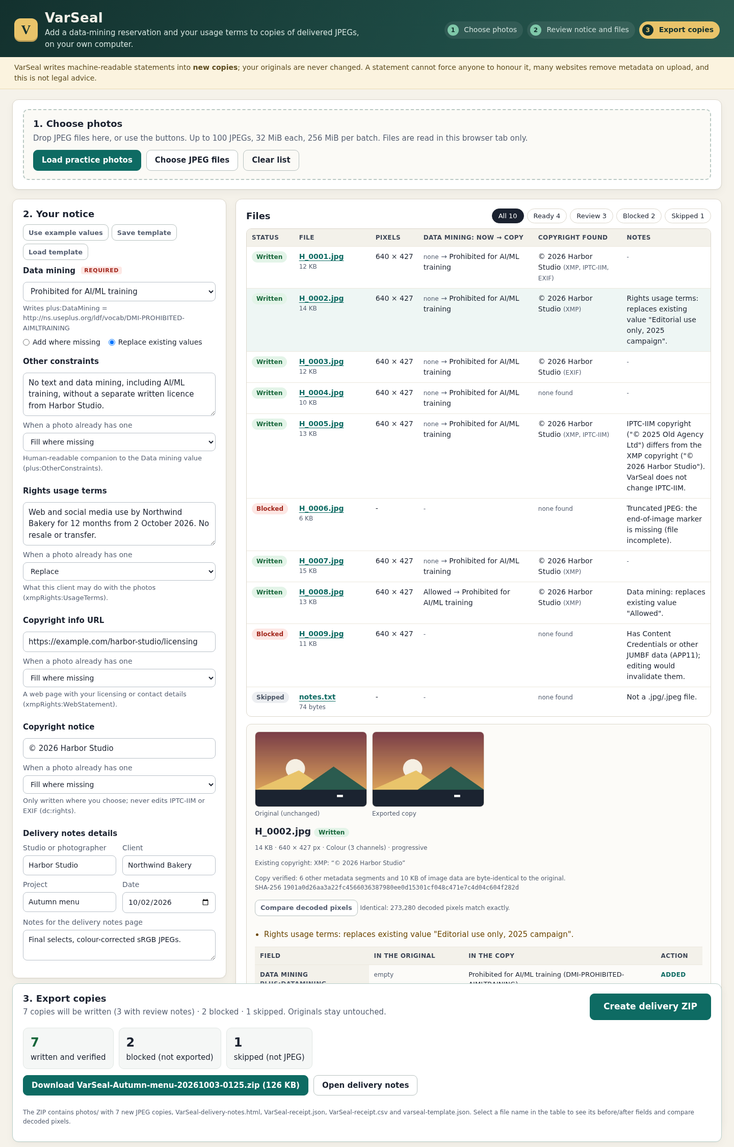 VarSeal result with seven written copies, two blocked files, one skipped file and an original-copy pixel comparison.