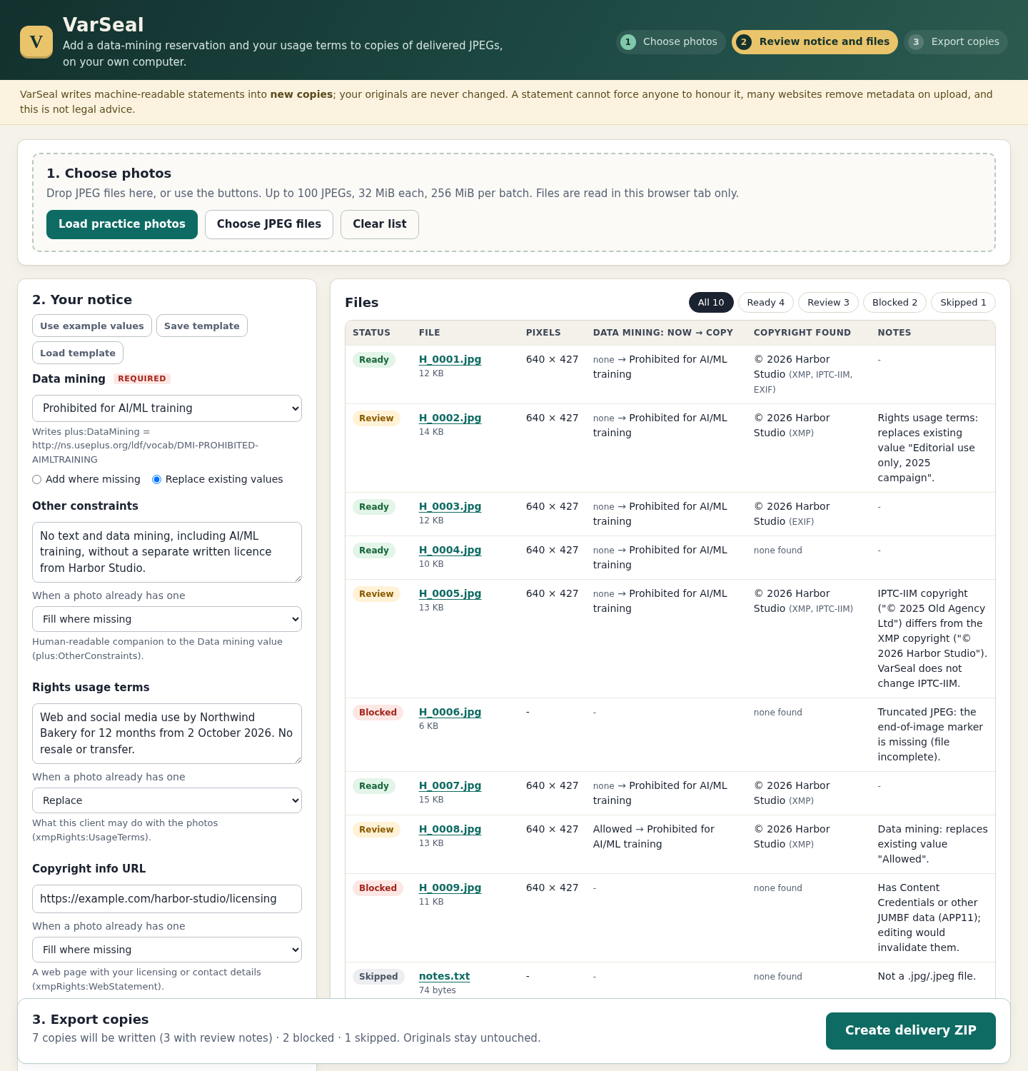 VarSeal practice review showing ready, review, blocked and skipped JPEG delivery inputs alongside the chosen notice.