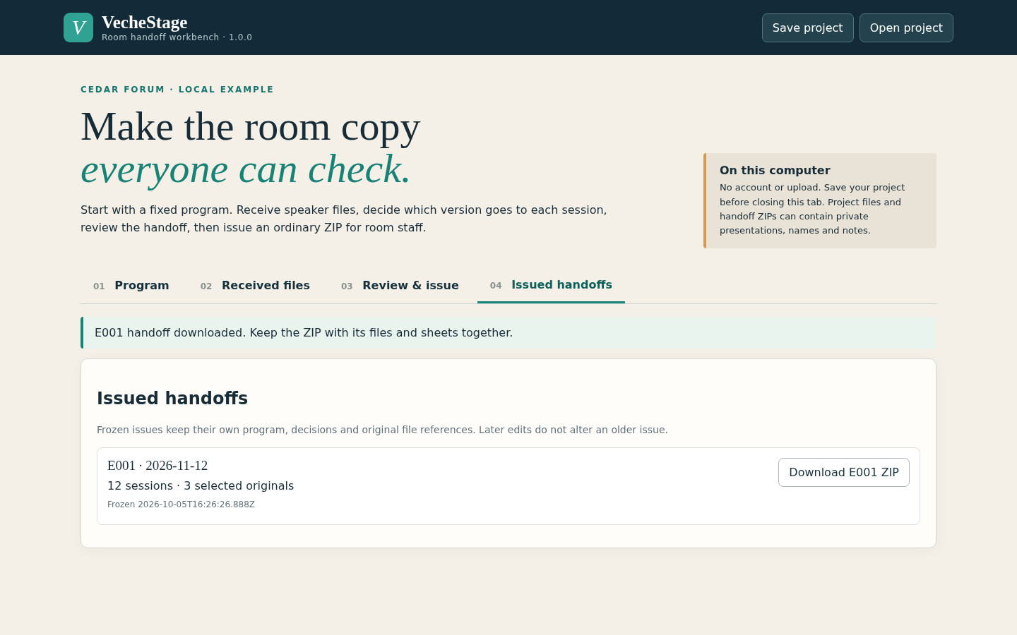 Keep each numbered handoff ready to download in VecheStage