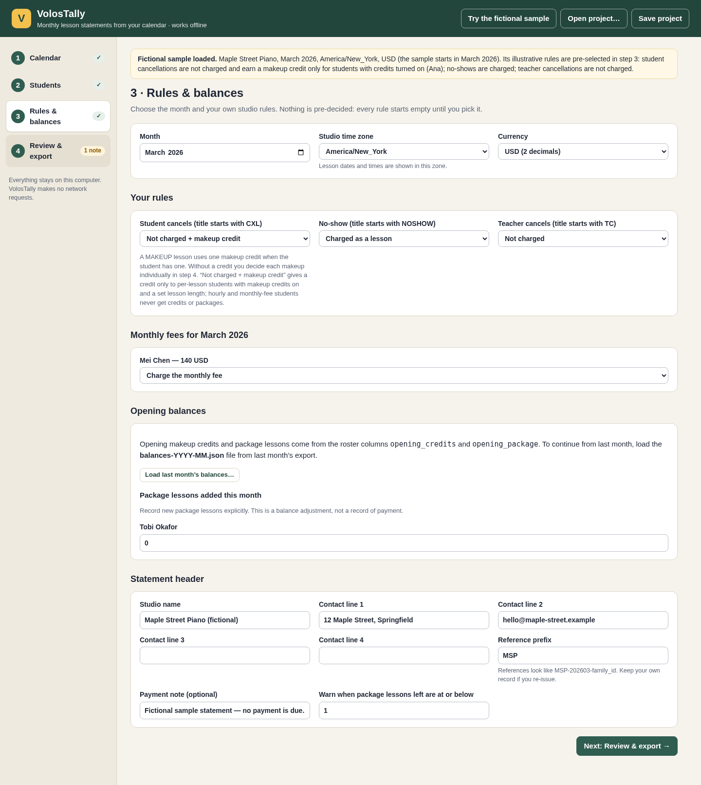 VolosTally settings for month, time zone, currency, cancellation rules and monthly fees.