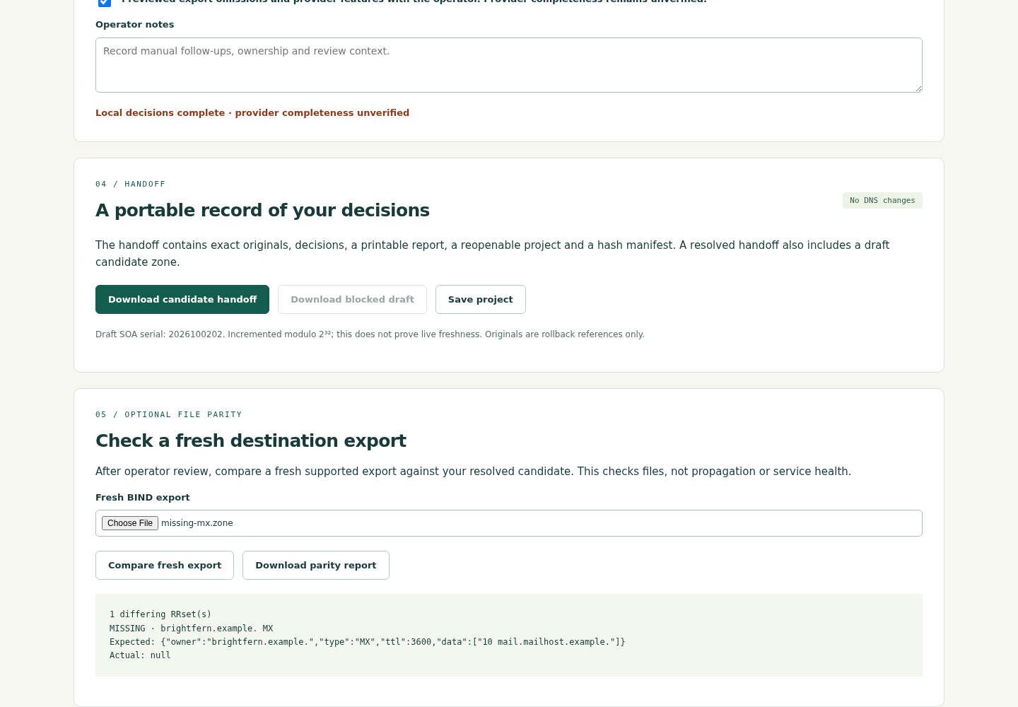 Fresh export comparison showing one missing MX record set in the fictional example.