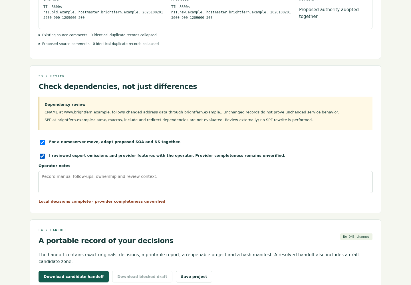 Review panel with address dependency notices and confirmations for adopting proposed authority and operator review.