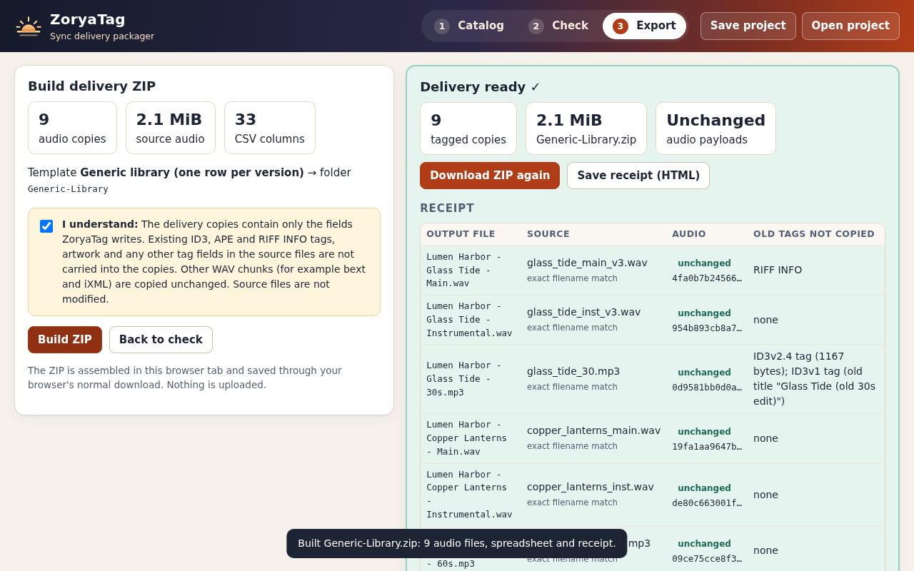 ZoryaTag completed ZIP with nine tagged copies, unchanged audio payloads and old tags not copied.