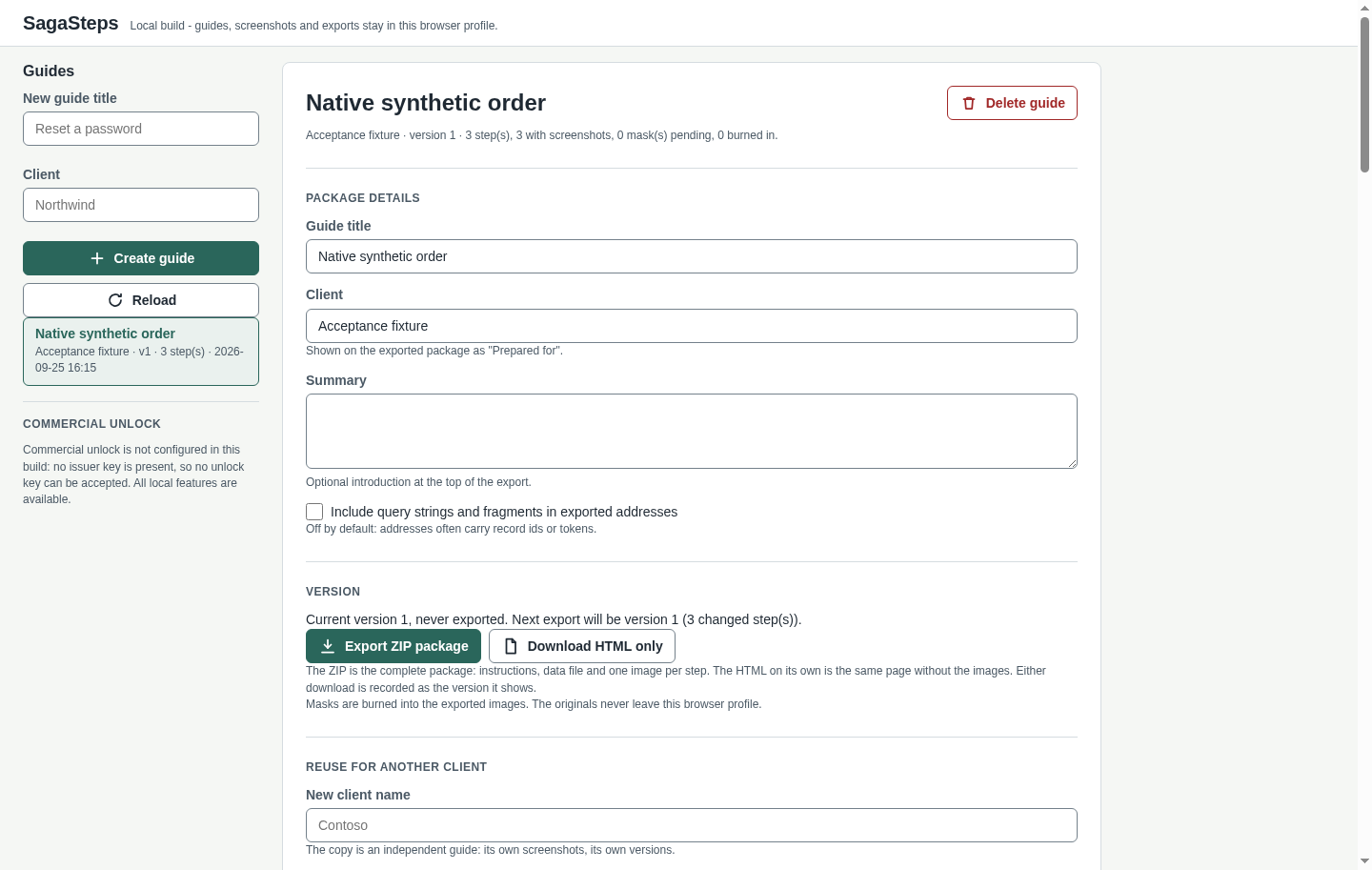 The SagaSteps editor. A Guides sidebar lists one guide, Native synthetic order, for the client Acceptance fixture. The main panel shows package details fields, an unticked option to include query strings and fragments in exported addresses, and the buttons Export ZIP package and Download HTML only.